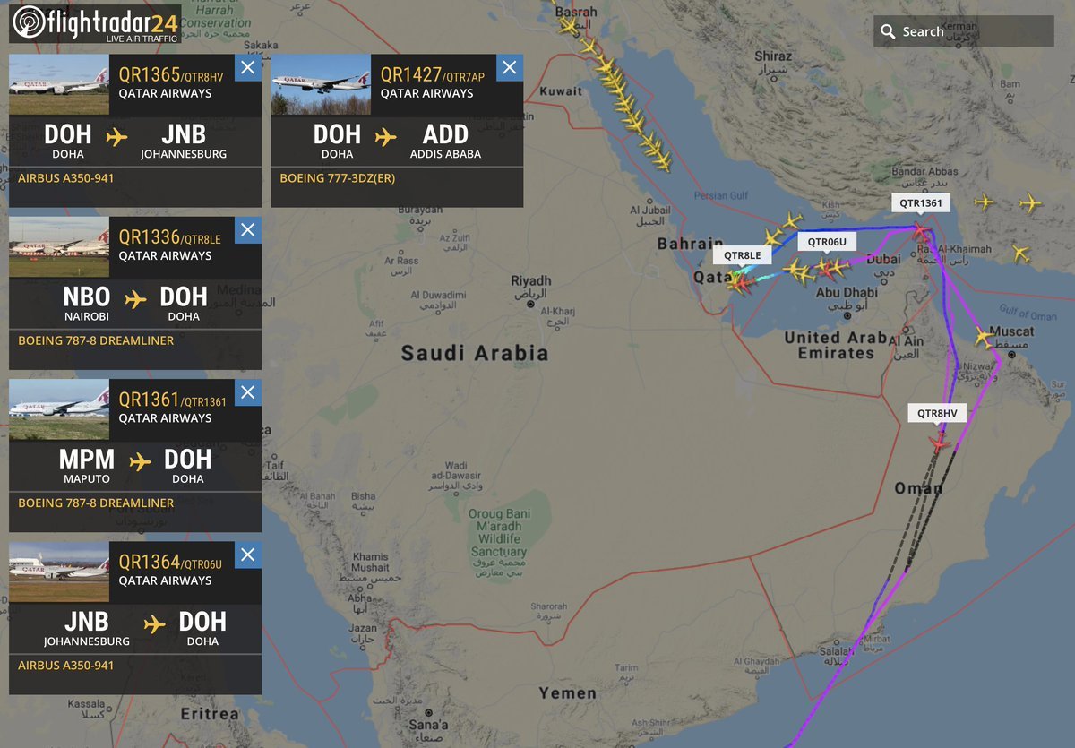 Flightradar24 on Twitter: "The blockade of Qatar put in place by  neighboring countries is set to end this evening. Since June 2017, flights  by Qatar Airways have had to fly around Saudi
