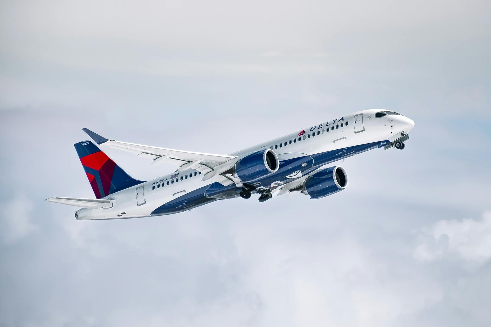 view of a flying delta air lines airplane