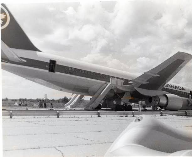 Photos of Air Canada Flight 143 after landing on a race track in Gimli, Manitoba